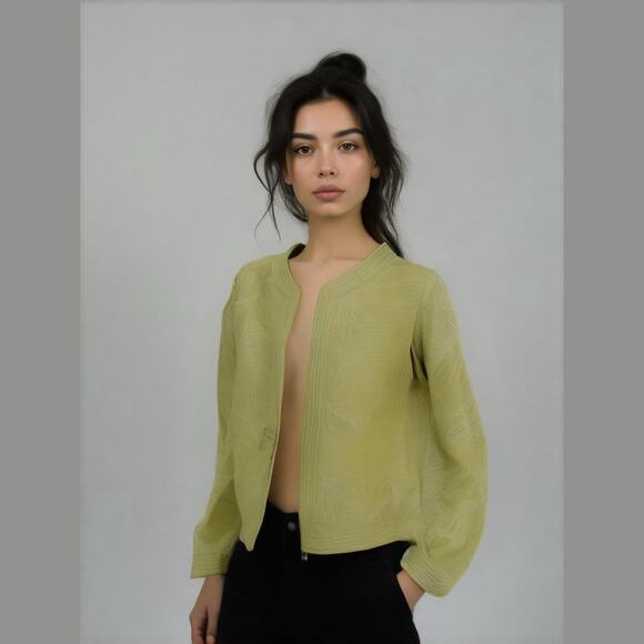 RAFAEL Green Linen Leaf Embroidered Open Front Blazer Jacket 10 - Picture 1 of 11